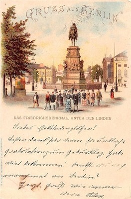 758930) Gruss aus Litho AK Friedrichsdenkmal unter den Linden Berlin gel. 1900
