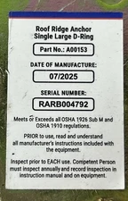 Palmer Safety A00153 GWP Large D-Ring Roof Ridge Anchor 5000 LBS MBS thumbnail 4