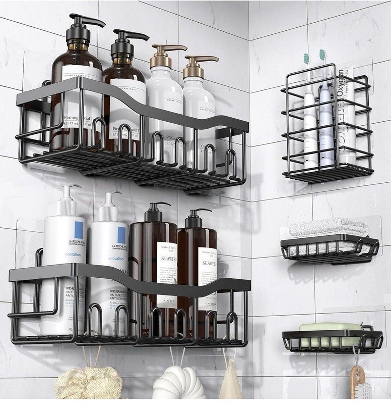 5 Piece Black Metal Shower Organizer Set, Adhesive Mount, No Drilling