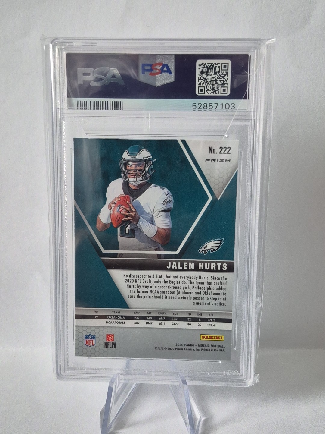 2020 Panini Mosaic Jalen Hurts Green Mosaic RC #222 PSA 9 Eagles view 2