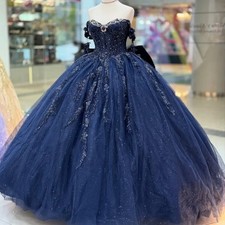 Navy Princess Quinceanera Dresses Glitter Sweet 15 16 with Bow Party Ball Gowns