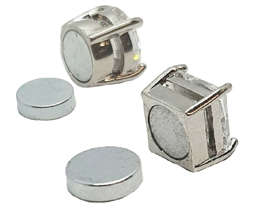 Magnetic Stud Earrings Non-piercing Silver Square / Round Magnets Mens Womens - Picture 2 of 7