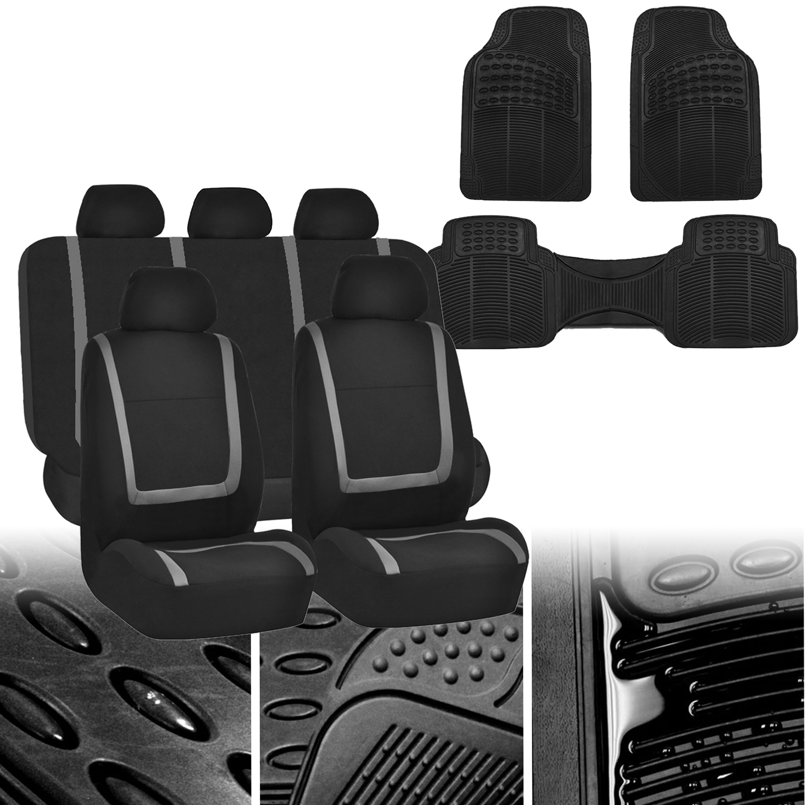 Car Seat Covers Gray Black Combo Set For Auto w/Black 3pcs Floor Mats