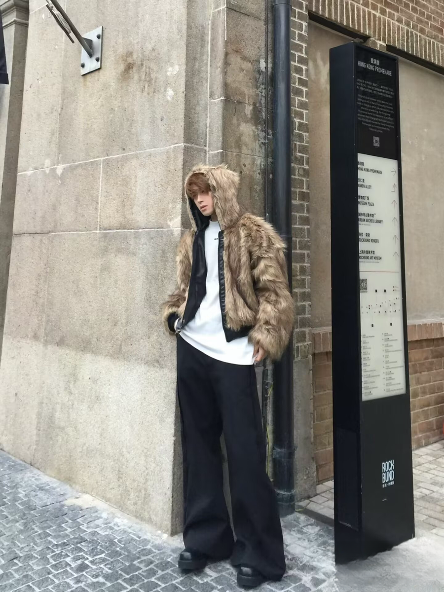Winter Stylish Mens Hooded Faux Fox Fur PU Leather Short Coat