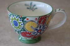 GRACE FLORAL COFFEE/TEA MUGS WITH GREEN POLKA DOT HANDLES - MULTI-COLOR -NEW-S/4