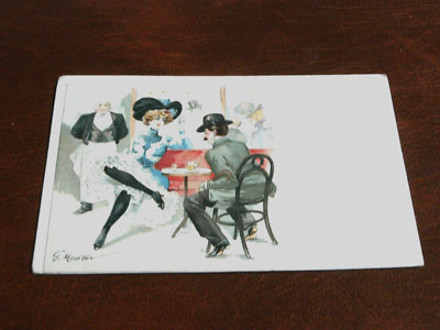 ORIGINAL G. MOUTON SIGNIERTE JUGENDSTIL GLAMOUR GEWAGTE POSTKARTE - FIGUREN, TISCH.