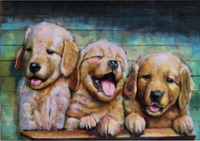 Cute Golden Retriever Puppies 3D Metal Cutout Wall Art Hanging Painting Decor