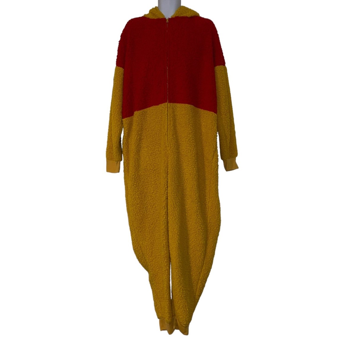 Disney Winnie the Pooh Unionsuit Costume Pajamas Mens L XL Faux Sherpa  Hooded