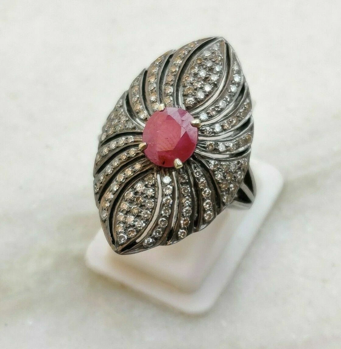 Ruby Gemstone Ring Pave Diamond Ring 925 Sterling Silver Designer Ring Women