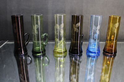 6 Etched Multi-Color Crystal Cordial Aperitif/Shot Glasses with Handles
