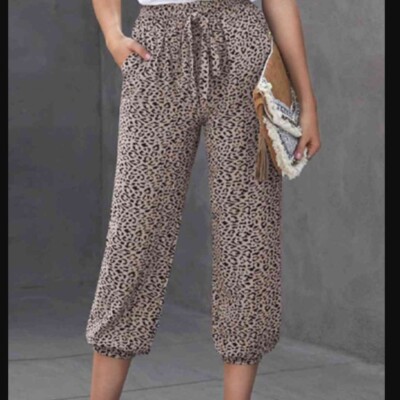 Animal Print Pull On Pants With Waist Tie - Beige