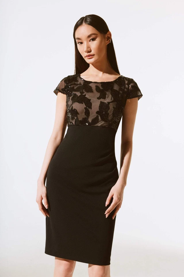 Vestido Vaina Joseph Ribkoff Negro Floral Lentejuelas Malla Manga Gorra 243700 Foto 3 de 4