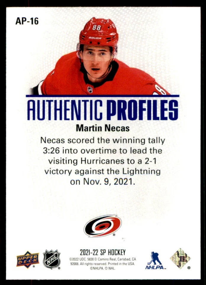2021-22 SP Hockey Authentic Profiles Blue Martin Necas #AP-16 - Image 2 of 2
