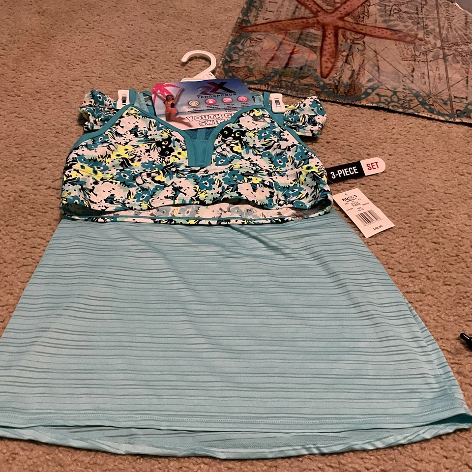 ZEROXPOSUR МОЛОДЕЖИ ДЕВОЧЕК ПЛАВАТЬ КОМПЛЕКТ 3-ШТ ПЛАВАТЬ КОМПЛЕКТ РАЗМЕР XL 16 БИРЮЗОВЫЙ И ЧЕРНЫЙ НОВЫЙ - Изображение 4 из 4