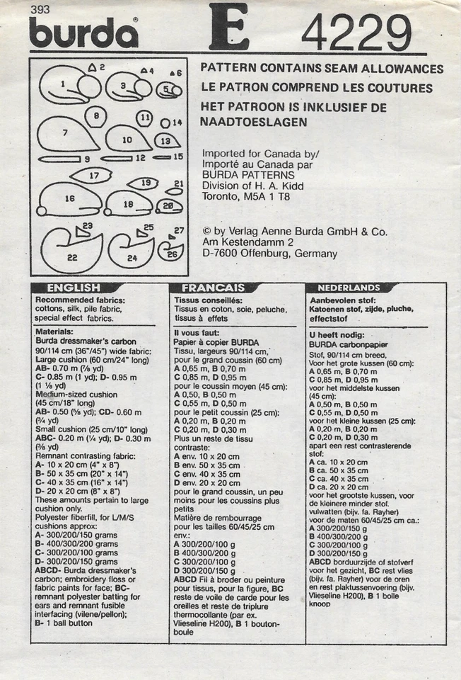 Uncut Burda Sewing Pattern 4229 Four Animal Cushions Each in Three Sizes - Image 2 of 2