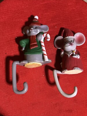 2 Christmas Mantel Stocking Holders 1980s Mouse Elves