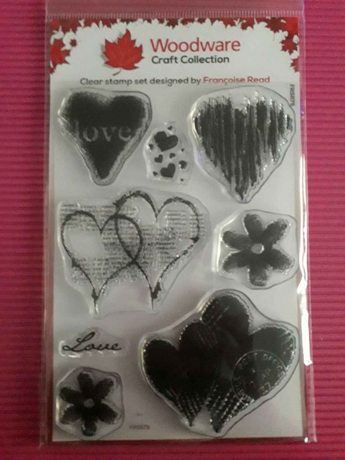 Woodware clear stamp set - Heart Collection inc collage style postmark text etc