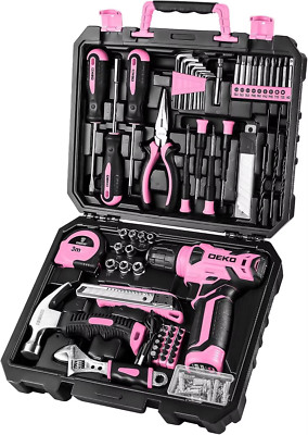 126 Piece Drill Set: Tool Set with 8V Pink Cordless Drill, Home Tool Kit with Dr