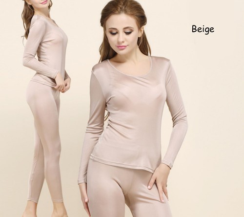Women's Pure 100% Silk Knit Thermal Long Johns Set Silk Underwear S M L - Picture 2 of 17