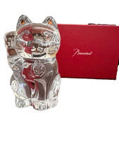 RARE Baccarat Maneki Neko Lucky Cat Figurine Crystal Clear With Box From Japan