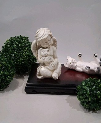 Solid Concrete Cherub Holding Kitty Cat; Garden, Porch/Patio Statuary Figure;EUC