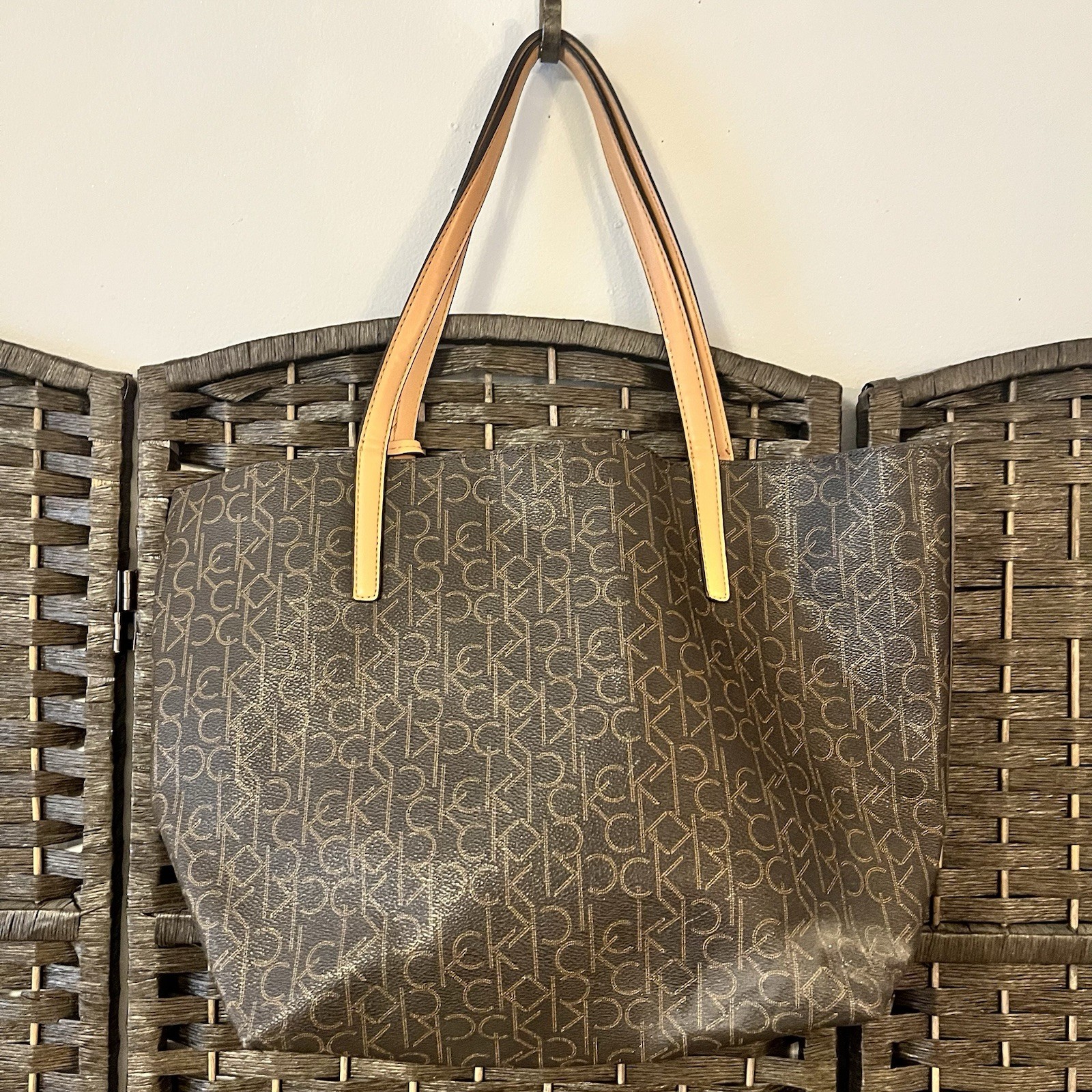 Calvin Klein CK Monogram Brown Tote Bag Tan Straps Logo Shoulder Purse thumbnail 2