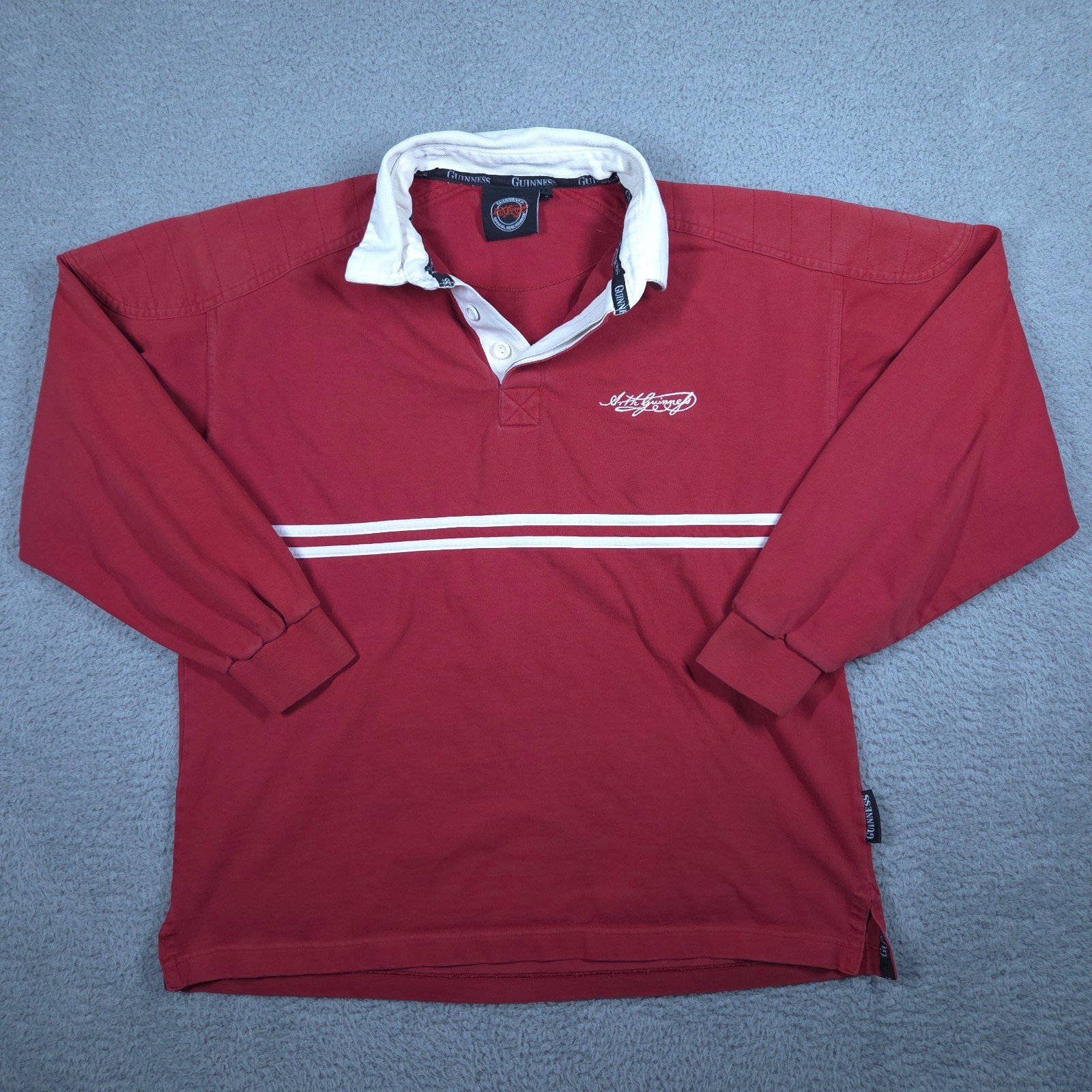 Guinness Rugby Shirt Men's Medium Red White Padded Signature Script Logo Polo