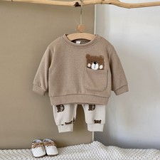New Bear Printed Suit for Boys and Girls Long Sleeve Pocket Sweat Top 2Piece Set