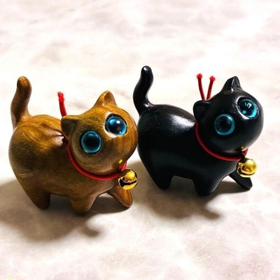 Lucky Cat Maneki-neko Figurines Set of 2, Interior Decor, Brown & Black