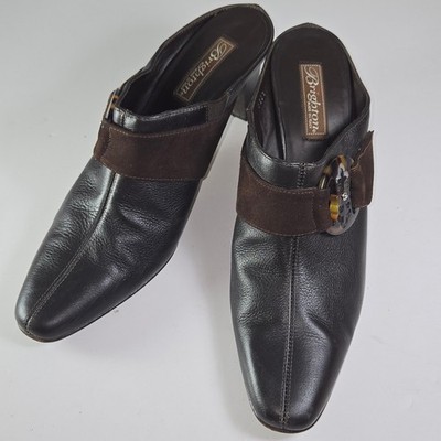 Brighton Rococo Dark Brown Leather Suede Accent Mule Heels Made in Italy 10N