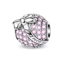 KUNSIR 925 Sterling Silver Charm Pink Princess Bowtie Bead For Bracelets Charm