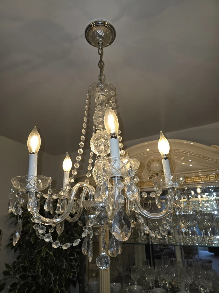 Hermosa araña checa de cristal y brazo con prisma drapeado europeo de 6 brazos + bombillas Foto 3 de 4
