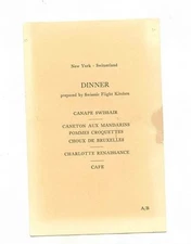 Swissair In Flight Dinner Menu New York to Switzerland 