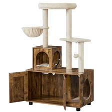 53'' Wooden Litter Box Enclosure with Cat Tree Tower, Rustic Brown/Beige