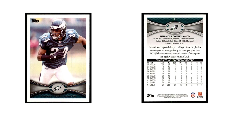 2012 Topps Nnamdi Asomugha Football Cards #71 - Image 3 of 3