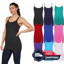Womens Cami Tank Top Ladies Long Vest T-Shirt Strappy Stretch Plain New UK 8-26