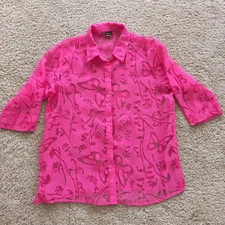 Size Large Burnout Blouse Salon Studio Pink Floral Butterfly Embossed Button 