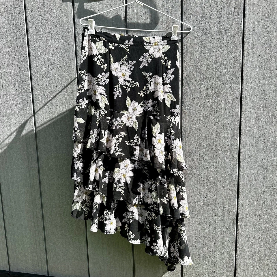 Target Skirt Women Size 10 Floral Chiffon Ruffed Lined Asymmetrical - Image 2 of 4
