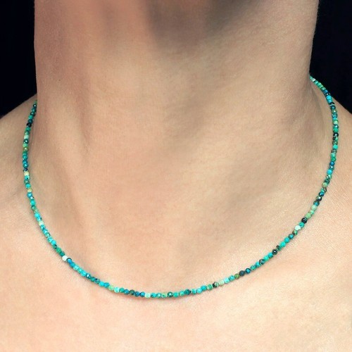 Natürlicher Türkis Rund 2 mm Perlen Halsband Heilung Zierlich Frauen Männer Halskette Geschenk - Bild 1 von 3