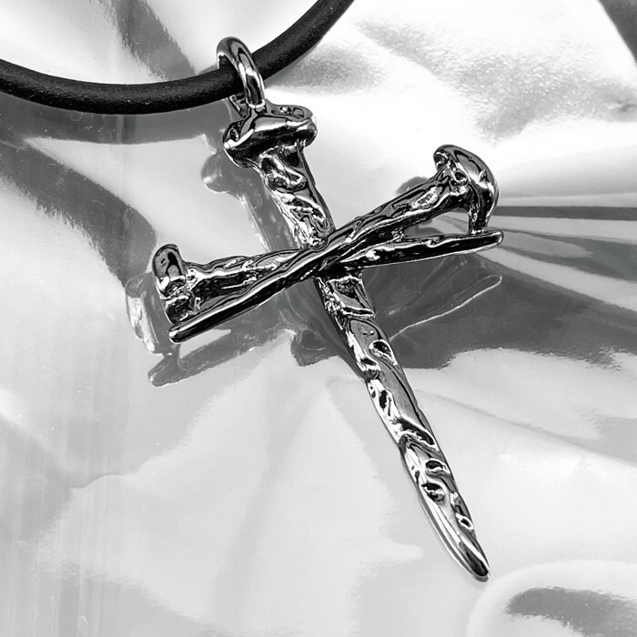 Rustic Dark Metal Nail Cross on Black Cord Necklace