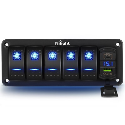 Nilight 5 Gang Rocker Switch Panel Blue Backlit with PD Type C and USB Charger