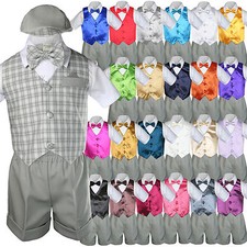 Baby Boy Toddler Formal Silver Vest Gray Shorts Suit Extra Bow Tie 7pc Set S-4T