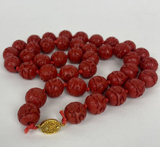 Vintage 30" Hand-Carved Red Cinnabar Bead Necklace with Gold Clasp