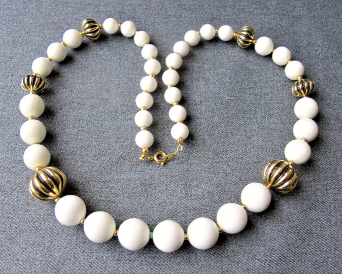 Vintage 80's white & striped black golden plastic beads necklace  Korea