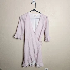 First Monday Wrap Dress Women's Small Pink White Checkered Polyester Tulip Hem
