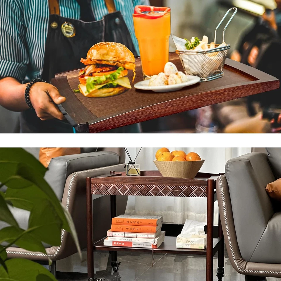 Mesa auxiliar de sofá de madera con ruedas, carro de té rodante de 2 niveles y carrito de café, Mob Foto 3 de 4