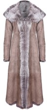 Taupe Full Length Hooded Ladies Suede Toscana Sheepskin Leather Trench Coat