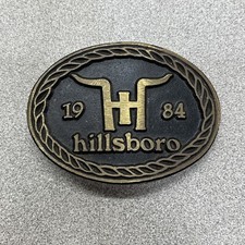 1984 Hillsboro Belt Buckle Cattle Trailer Trucker Cowboy Kansas Vintage Brass