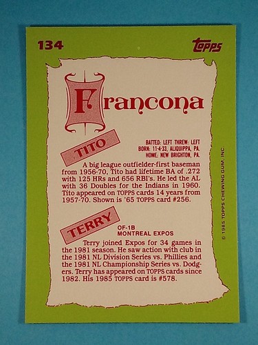 Topps Tiffany 1985 Tito & Terry Francona Montreal Expos #134 - Imagen 2 de 2