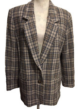 Alfred Dunner Tartan Plaid Wool Blend Jacket Sz 10 Beige/Blue Vintage USA